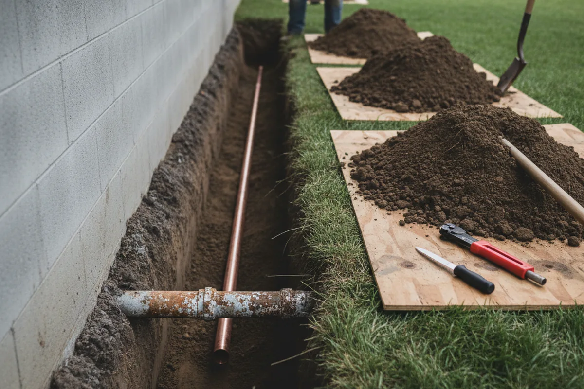Excavated water line trench during Water Softener Installation in Hardy